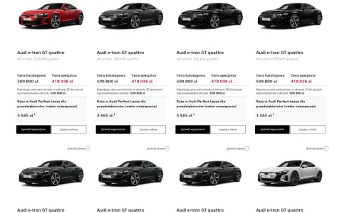 Cztery Audi e-tron GT quattro w różnych kolorach: czerwonym, ciemnoszarym i czarnym. Oferta specjalna na Audi e-tron GT quattro.