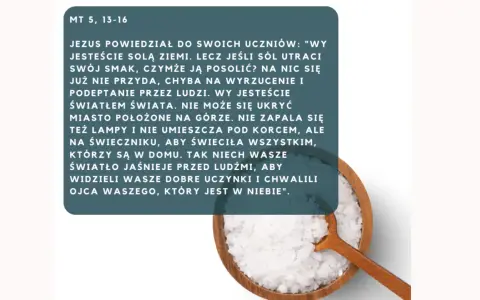 Wy jesteście solą ziemi" – cytat z Ewangelii wg św. Mateusza, ilustrowany miską pełną soli i drewnianą łyżką.