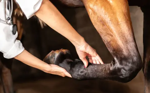 Vétérinaire examinant la jambe d'un cheval, possiblement pour diagnostiquer une arthrose.
