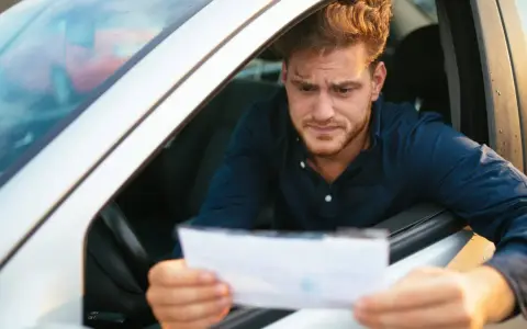 Hombre preocupado mira un papel, preguntándose cuanto tarda una multa en aparecer en mi DGT.
