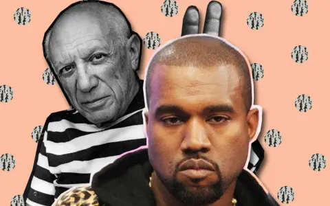 Kanye West i Picasso, dwaj artyści z różnych epok, zestawieni na pastelowym tle z kropkami.