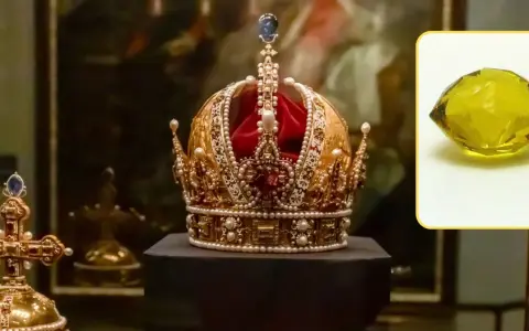 Korona ozdobiona perłami i klejnotami, obok krzyż. W rogu żółty kamień, być może diamenty tekst.