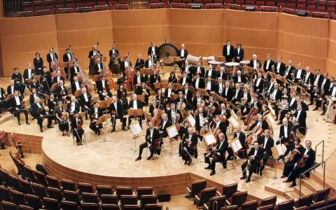 Ein großes Orchester mit vielen Musikern, die klassische Instrumente wie Violinen, Celli und Blasinstrumente spielen, posiert auf einer Bühne.
