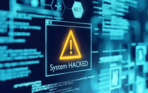 Ein **computer hacker** hat ein System kompromittiert. Ein Warnsymbol und die Meldung "System HACKED" leuchten auf, umgeben von Code und Daten.