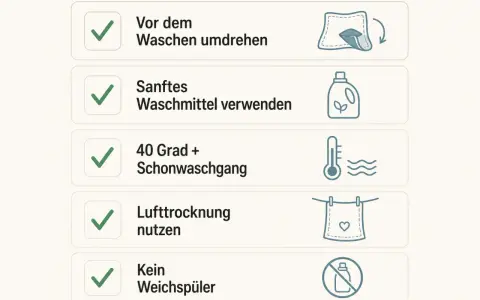 Pflegehinweise: Kleidung umdrehen, sanftes Waschmittel, 40 Grad im Schonwaschgang, lufttrocknen, kein Weichspüler.