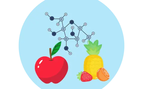 Struktura chemiczna fruktozy i owoce (jabłko, ananas, truskawka, pomarańcza) - czy fruktoza jest zdrowa?