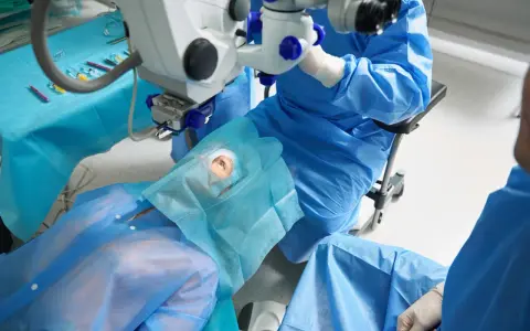 In sala operatoria, un occhio è pronto per l'intervento di cataratta. La durata dell'intervento è breve, circa 15-30 minuti per occhio.