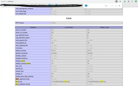 PHP-Konfiguration zeigt den Pfad zur error_log-Datei. Die Einstellung für error_log ist c:/wamp64/logs/php_error.log.