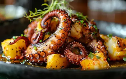 Pulpo a la parrilla con patatas. ¡Qué rico! Hay que descongelar el pulpo para cocerlo y que quede tierno.