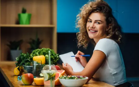 Uśmiechnięta kobieta notuje w zeszycie. Na stole świeże owoce i warzywa, idealne do diety 1500 kcal. Efekty po miesiącu będą widoczne!