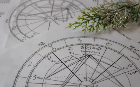 Złożone wykresy astrologiczne, kluczowe dla nauki o znakach zodiaku, leżą na stole, ozdobione gałązką.