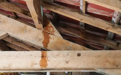 Traces d'humidité sur les poutres de charpente, indiquant une fuite à réparer sur la toiture.