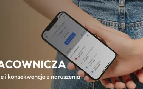 Aplikacja na telefonie pokazuje podstawowy system czasu pracy, z informacją o zaplanowanej przerwie i możliwością zatrzymania czasu.