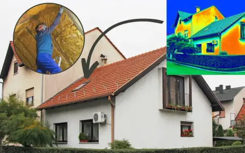 Izolacja poddasza zmniejsza zużycie energii. Termowizja pokazuje domy z różnymi stratami ciepła.