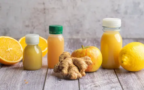 Frische Zutaten für einen belebenden Ingwer-Shot: Orangen, Zitrone, Apfel und Ingwerwurzel neben kleinen Flaschen mit gelbem Saft.