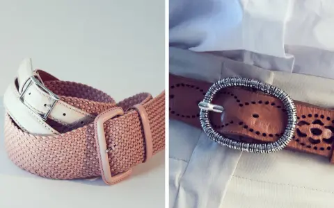 Cinture con diversi tipi di fibbia: una in pelle bianca con fibbia metallica, una rosa intrecciata con fibbia in resina e una marrone con fibbia ovale decorata.