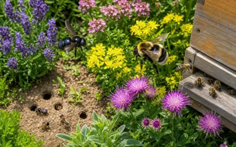 Un bourdon noir et un bourdon rayé volent près de fleurs colorées, tandis que des abeilles travaillent près d'une ruche. Le bourdon vs abeille, une scène de jardin animée.
