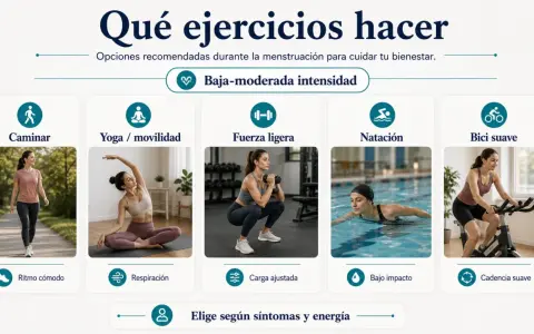 Mujeres haciendo ejercicio: caminar, yoga, pesas, nadar y bici. Es bueno hacer deporte con la regla, eligiendo intensidad baja-moderada.