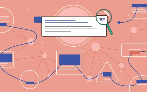 Schematyczne przedstawienie procesu SEO. Lupa z napisem "SEO" wskazuje na wyszukiwarkę. Różne kształty połączone liniami symbolizują etapy pracy.