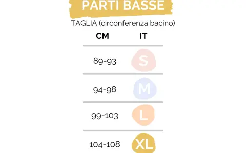 Tabella taglie per parti basse: la taglia S corrisponde a una circonferenza bacino di 89-93 cm.