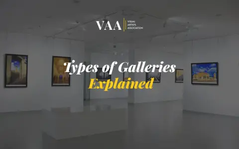 Visual Artists Association logo above text "Types of Galleries Explained" in a modern art gallery setting.