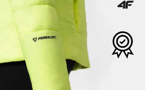 Jaskrawożółta kurtka z logo Primaloft i symbolem jakości od firmy 4f.