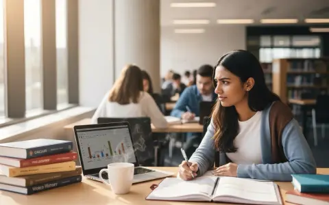 Studentka pochłonięta nauką, być może planuje drugi kierunek studiów. Na biurku laptop, książki i gorąca kawa.