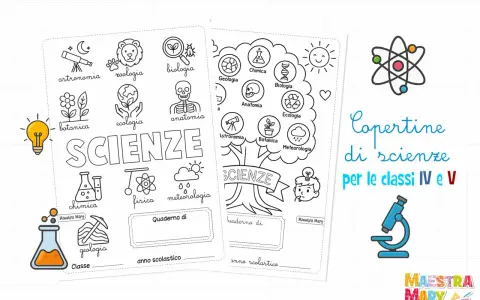 Copertine di scienze per le classi IV e V, con disegni di astronomia, zoologia, biologia, chimica, geologia, fisica, meteorologia, anatomia, botanica ed ecologia.
