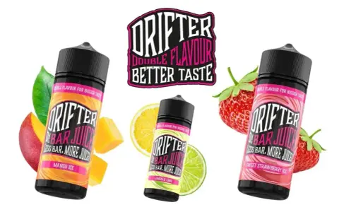 Tres botellas de jugos Drifter con sabores frutales: Mango Ice, Lemon & Lime y Sweet Strawberry Ice. ¡Disfruta de los sabores Drifter!