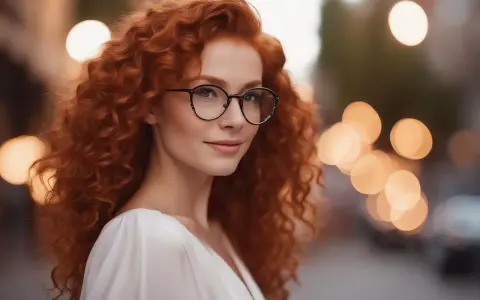 Rudowłosa kobieta w okularach, które mogłyby pochodzić od znanych marek okularów, uśmiecha się na tle rozmytych świateł miasta.