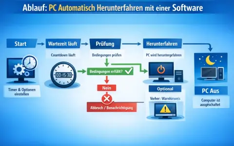 Ablauf eines **windows shutdown timer**: Start, Wartezeit, Prüfung, Herunterfahren, PC Aus. Countdown läuft, Bedingungen prüfen, optional Warnhinweis.