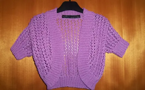 A purple crocheted bolero with short sleeves and an openwork pattern hangs on a hanger against a wooden background.
