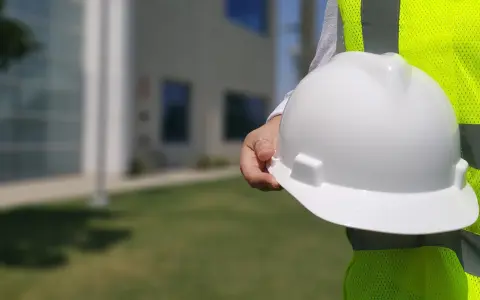 Osoba w kamizelce odblaskowej trzyma biały kask. Dobre technik bhp zarobki to klucz do bezpiecznej pracy.