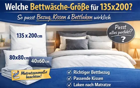 Bettbezug, Kissen und Laken in den Größen 135x200 cm, 80x80 cm und 40x60 cm werden auf einem Bett präsentiert. Die Frage "was ist bettbezug" wird durch die Abbildung und den Text "Richtiger Bettbezug" beantwortet.