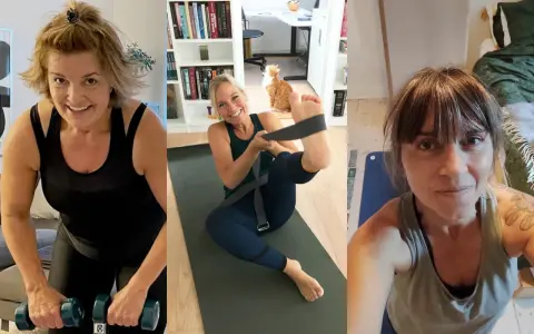 Tre kvinnor tränar hemma. En lyfter vikter, en annan gör yoga med ett band, och den tredje är nära. Kbt på egen hand kan vara en del av en hälsosam livsstil.