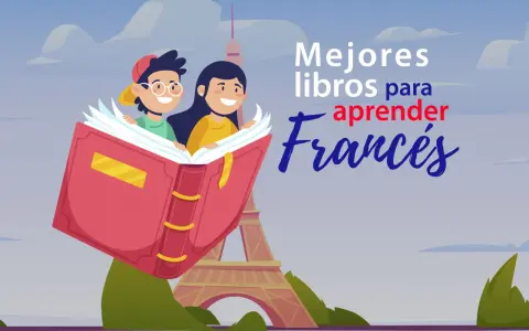 Dos niños sonríen leyendo un libro abierto sobre París. Descubre los mejores libros para aprender francés y emprender tu aventura lingüística.