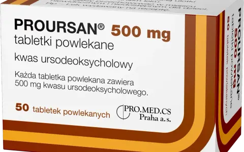 Poursan 500 mg, 50 tabletek powlekanych. Kwas ursodeoksycholowy. Działa na wątrobę jak kret, pomagając jej w regeneracji.