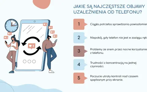 Ilustracja pokazuje objawy uzależnienia od telefonu: ciągła potrzeba sprawdzania powiadomień, niepokój, problemy ze snem i koncentracją.