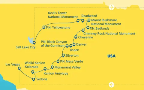 Mapa USA z trasą przez parki narodowe: Yellowstone, Badlands, Mount Rushmore, Wielki Kanion Kolorado, Mesa Verde i inne.