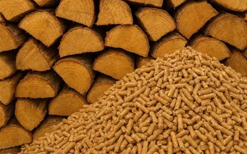 Bûches de bois empilées à côté d'une montagne de granulés, deux formes de biomasse offrant un excellent pouvoir calorifique pour le chauffage.