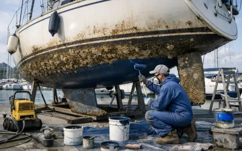 Un homme en combinaison bleue peint la partie immergée d'un bateau, recouverte de bernacles. Il utilise un rouleau pour appliquer une peinture bleue sur la coque.