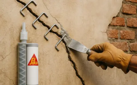 Réparation d'un enduit fissure extérieur avec des agrafes métalliques et un produit Sika. Un artisan applique le mortier.