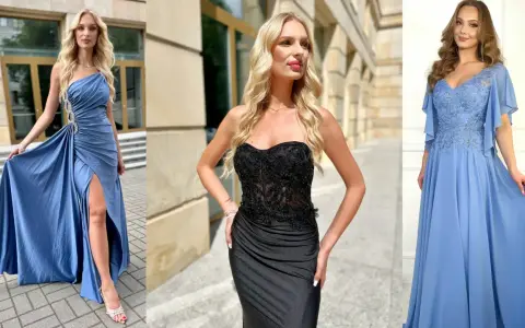 Trzy kobiety w eleganckich sukniach. Niebieska z rozcięciem i czarna gorsetowa podkreślają sylwetkę, pokazując, jakie sukienki wyszczuplają.