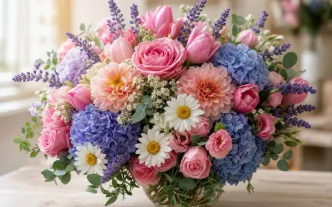 Un ramo vibrante con rosas, tulipanes, hortensias y lavanda, ideal para descubrir tipos de flores para regalar.