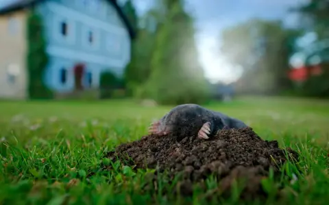 Topo asomando de su montículo en un jardín. Una idea para eliminar topos con agua es inundar sus túneles.