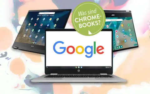 Drei Chromebooks, eines mit Google-Logo, zeigen, was sind Chromebooks? Ideal für den schnellen Zugriff auf Apps und das Web.