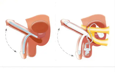 Ilustracja przedstawia działanie protezy penisa. Po lewej stronie widać implant w stanie spoczynku, po prawej - po aktywacji.