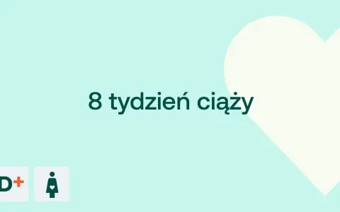 8 tydzień ciąży. Delikatne tło z sercem i ikonami D+ oraz kobiety w ciąży.