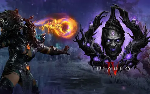Postać z Diablo 4 nowy sezon rzuca ognistą kulę. W tle złowroga twarz i logo gry.