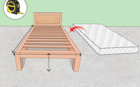 Cinta métrica y cama de madera. Se muestran flechas indicando cómo se mide un colchon para asegurar el ajuste perfecto.